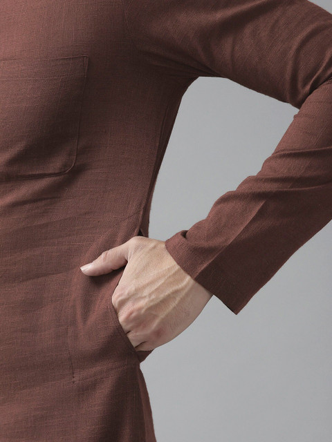 See Designs Men Brown Solid Thread Work Kurta - Image 6