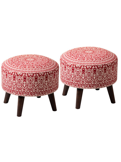 nestroots Red Set of 2 Round Foam Cushioned Cotton Pouffy Storage Ottoman - Image 5