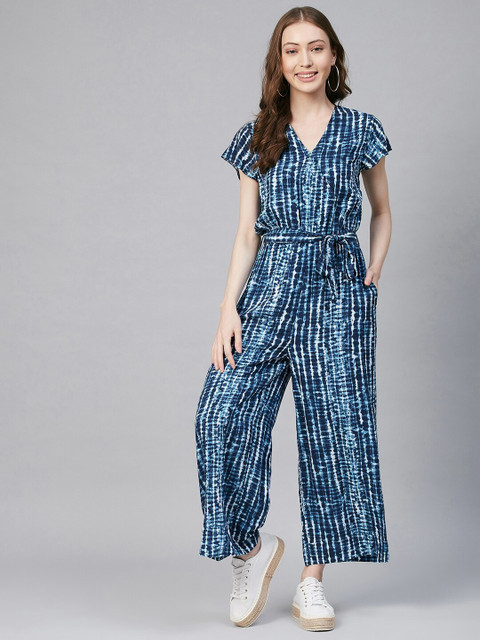 StyleStone Blue & White Tie & Dye Printed Basic Jumpsuit