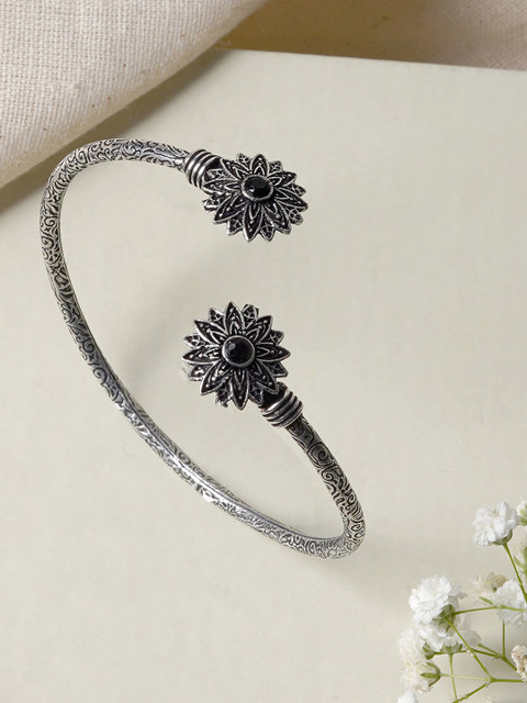 TEEJH Manju Silver Oxidised Floral Bracelet