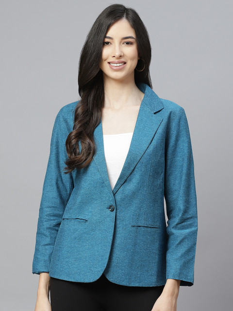 Cottinfab Women Blue Solid Single Breasted Blazer