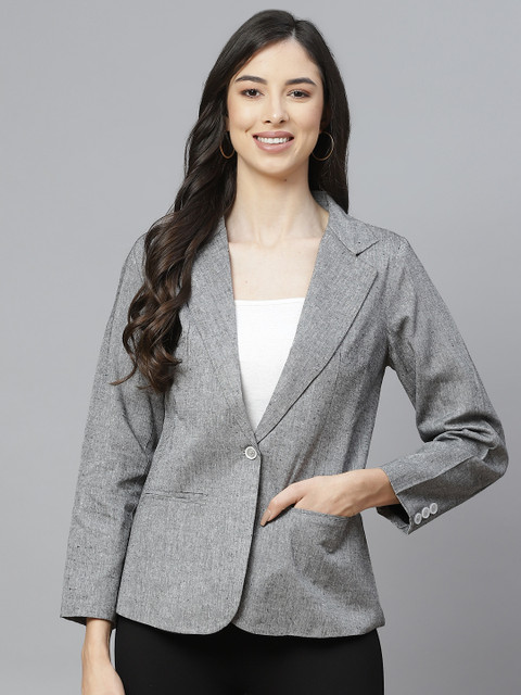 Cottinfab Women Grey Solid Regular Fit Single Breasted Blazer
