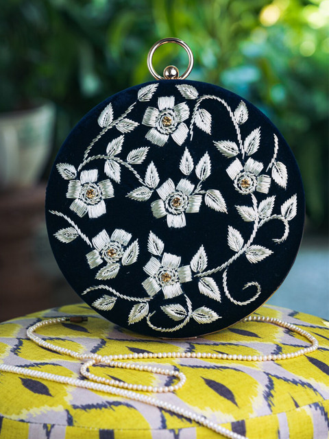 NR By Nidhi Rathi Black & White Embroidered Box Clutch