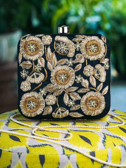 NR By Nidhi Rathi Black & Gold-Toned Embroidered Box Clutch