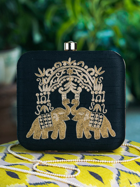 NR By Nidhi Rathi Black & Gold-Toned Embroidered Box Clutch