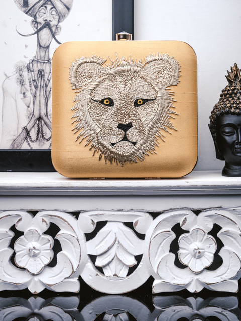 NR By Nidhi Rathi Beige & Yellow Embroidered Embellished Box Clutch
