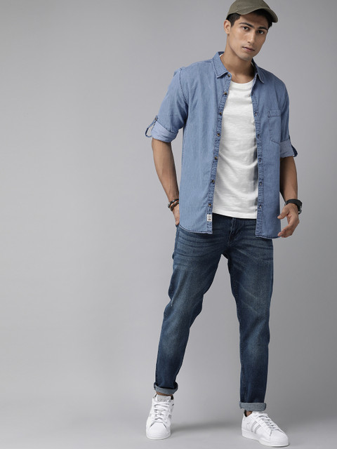 The Roadster Lifestyle Co Men Blue Solid Pure Cotton Denim Casual Shirt - Image 6