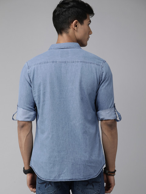 The Roadster Lifestyle Co Men Blue Solid Pure Cotton Denim Casual Shirt - Image 5