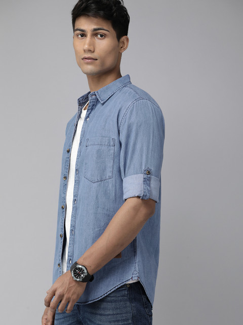 The Roadster Lifestyle Co Men Blue Solid Pure Cotton Denim Casual Shirt - Image 4