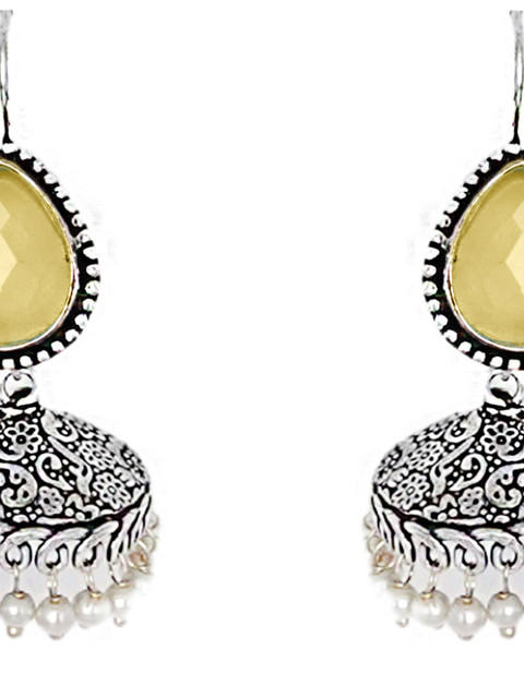TEEJH Silver-Toned & Yellow Dome Shaped Jhumkas Earrings - Image 4