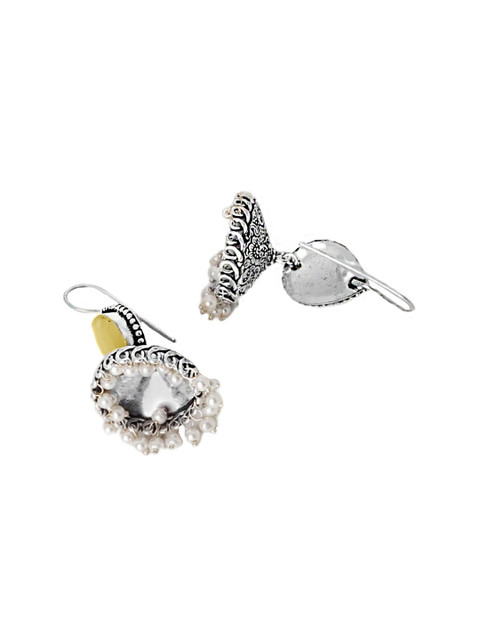 TEEJH Silver-Toned & Yellow Dome Shaped Jhumkas Earrings - Image 3