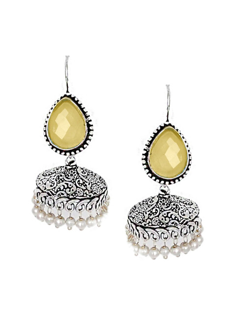 TEEJH Silver-Toned & Yellow Dome Shaped Jhumkas Earrings - Image 2