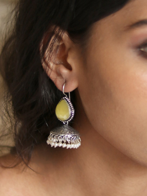 TEEJH Silver-Toned & Yellow Dome Shaped Jhumkas Earrings - Image 5