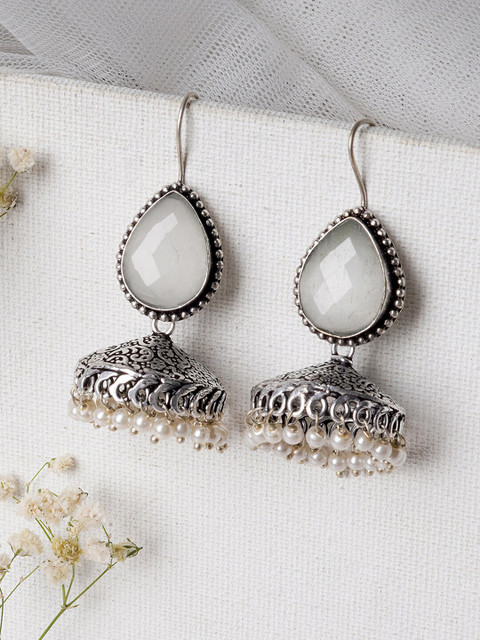 TEEJH Silver-Plated & White Contemporary Jhumkas Earrings