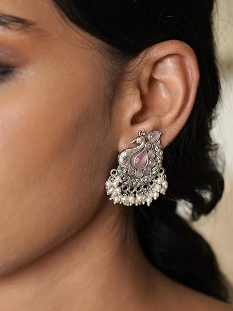 TEEJH Silver-Plated Peacock Shaped Studs Earrings - Image 5