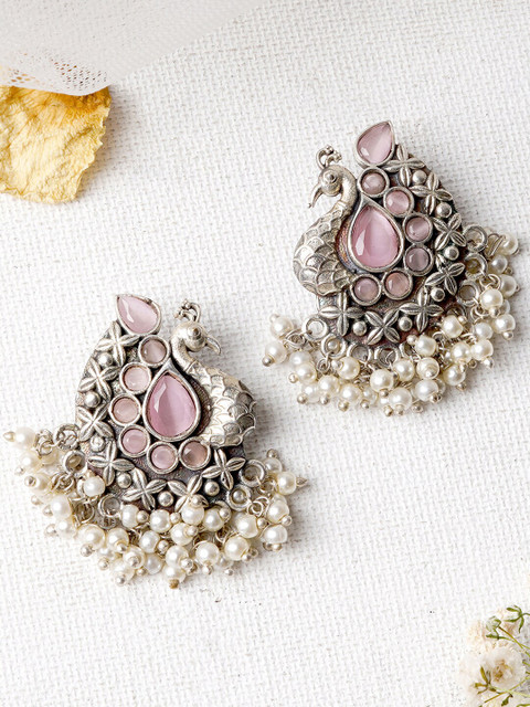 TEEJH Silver-Plated Peacock Shaped Studs Earrings