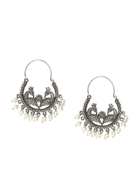 TEEJH Silver-Plated & White Contemporary Chandbalis Earrings - Image 2