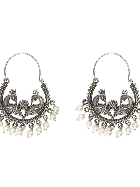 TEEJH Silver-Plated & White Contemporary Chandbalis Earrings - Image 4