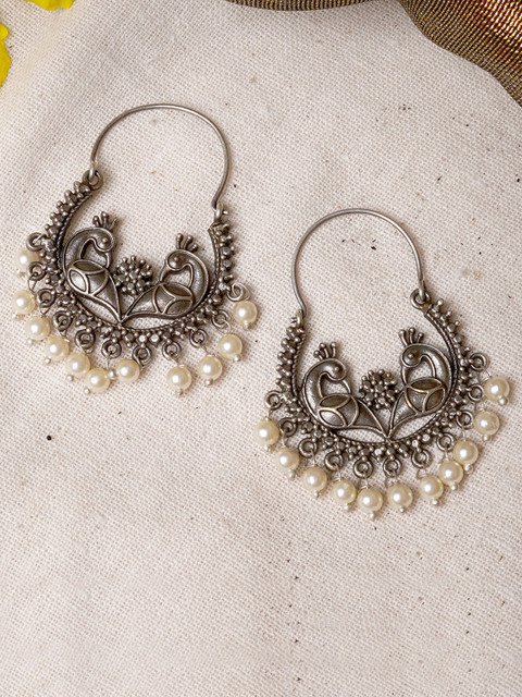 TEEJH Silver-Plated & White Contemporary Chandbalis Earrings