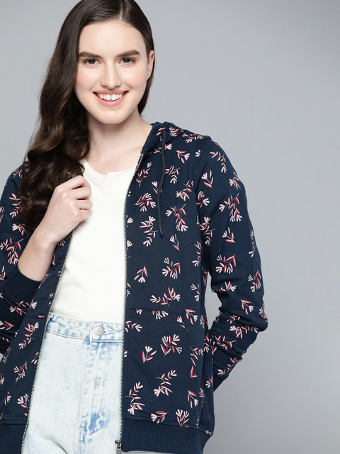 Mast & Harbour Women Navy Blue &Pink Printed Hooded Sweatshirt