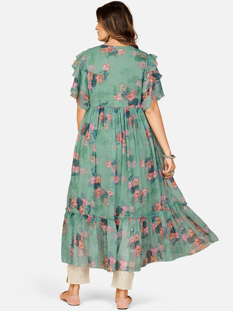 Vbuyz Women Green & Pink Floral Printed Keyhole Neck Bell Sleeves Georgette Anarkali Kurta - Image 5