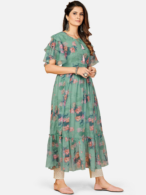 Vbuyz Women Green & Pink Floral Printed Keyhole Neck Bell Sleeves Georgette Anarkali Kurta - Image 3
