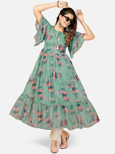 Vbuyz Women Green & Pink Floral Printed Keyhole Neck Bell Sleeves Georgette Anarkali Kurta - Image 6