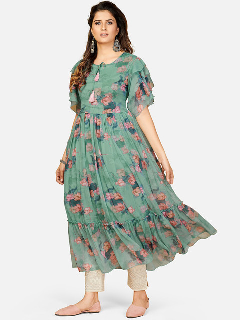 Vbuyz Women Green & Pink Floral Printed Keyhole Neck Bell Sleeves Georgette Anarkali Kurta - Image 4