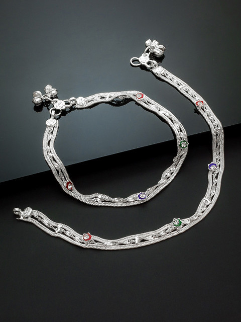 aadita Set Of 2 Oxidised Silver-Plated Red & Blue Beaded Handcrafted Anklets