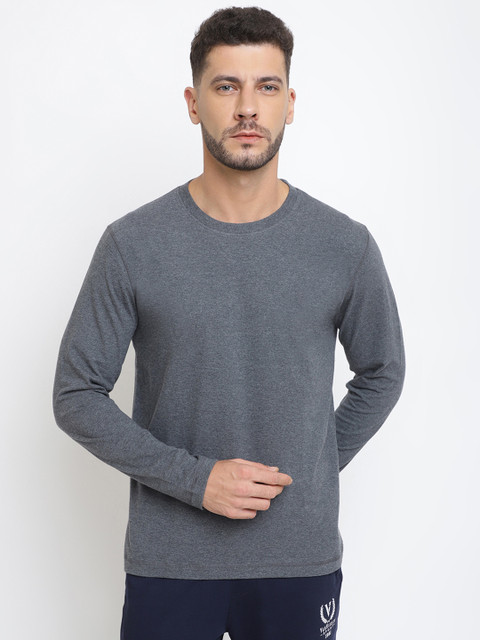 Van Heusen Innerwear Athleisure Men Grey Solid Crew Neck Full Sleeve T-Shirt