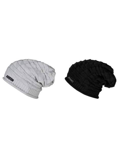 Black And Grey Woollen Beanies Cap For Men - Combo Of 2