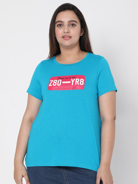 VERO MODA CURVE Plus Size Women Turquoise Blue Typography Printed T-shirt