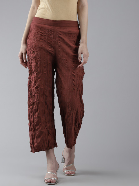 W Women Maroon Solid Crinkled Effect Cropped Ethnic Pure Cotton Palazzos