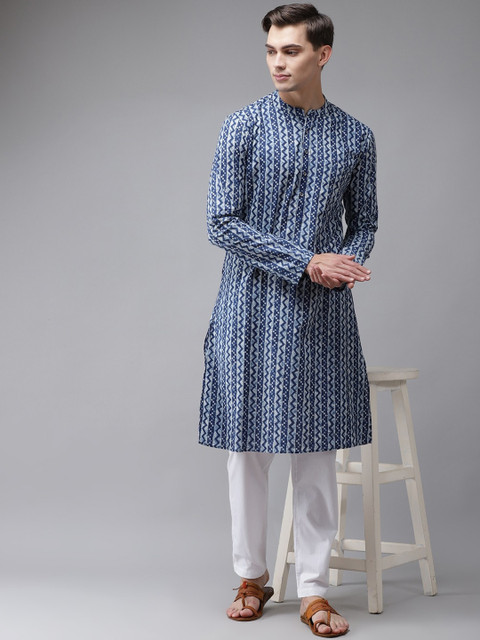 See Designs Men Blue Geometric Printed Thread Work Indigo Kurta - Image 5