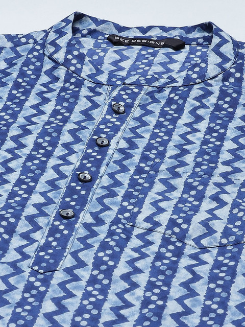 See Designs Men Blue Geometric Printed Thread Work Indigo Kurta - Image 2