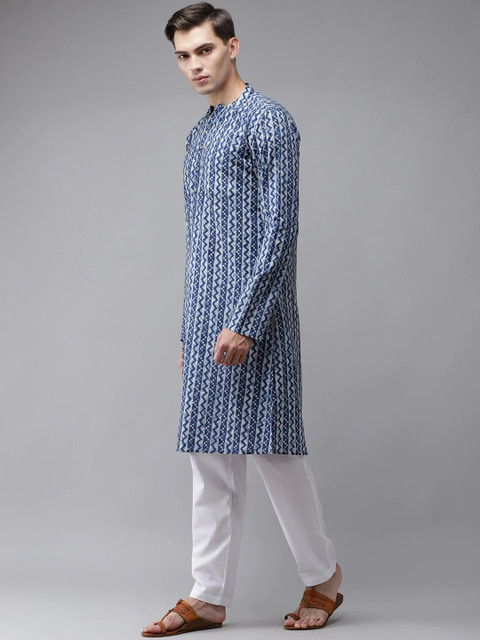 See Designs Men Blue Geometric Printed Thread Work Indigo Kurta - Image 3