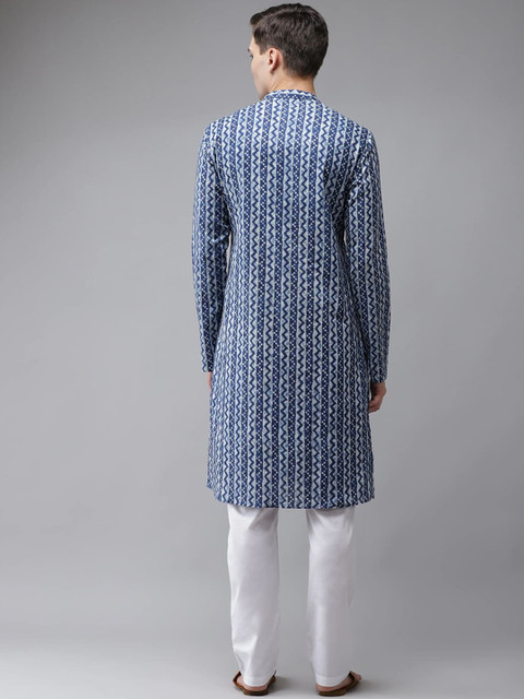 See Designs Men Blue Geometric Printed Thread Work Indigo Kurta - Image 4