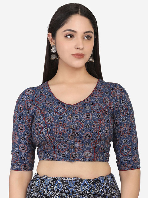 THE WEAVE TRAVELLER Blue & Red Ajrakh Block Printed Cotton Ready To Wear Saree Blouse