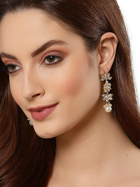 KARATCART Gold-Toned & White Floral Drop Earrings - Image 2