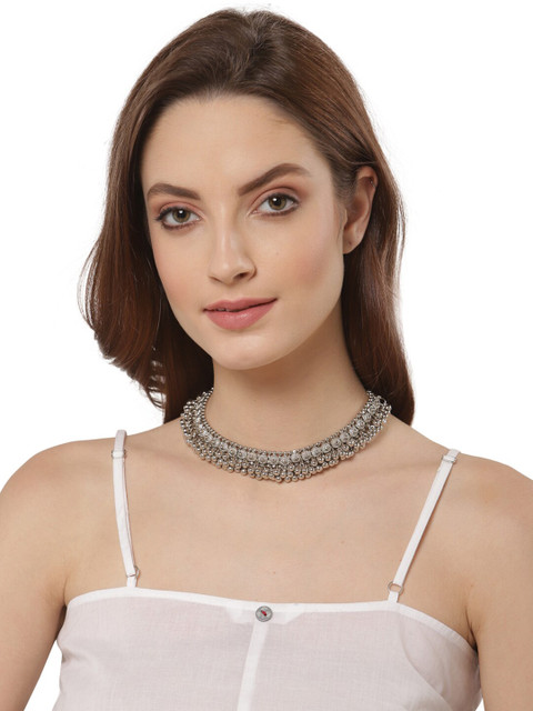 Shining Diva Women Silver-Toned Oxidised Necklace with Chains - Image 4