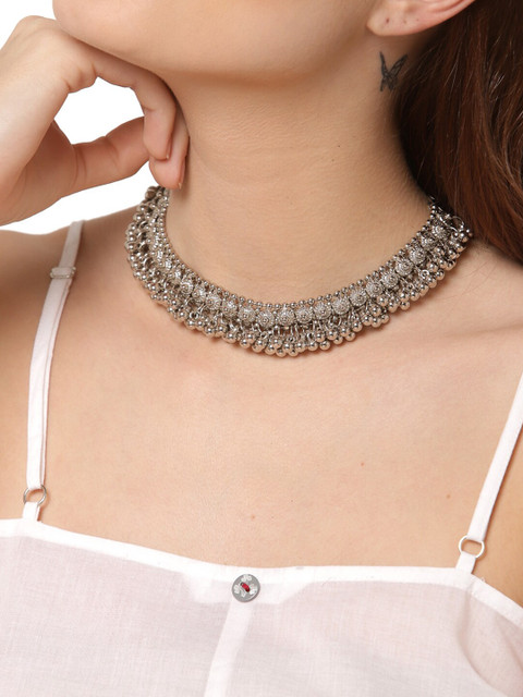 Shining Diva Women Silver-Toned Oxidised Necklace with Chains