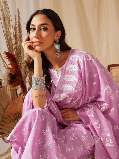 Ginni Arora Label Women Purple Printed Regular Pure Cotton Kurta with Trousers & With Dupatta