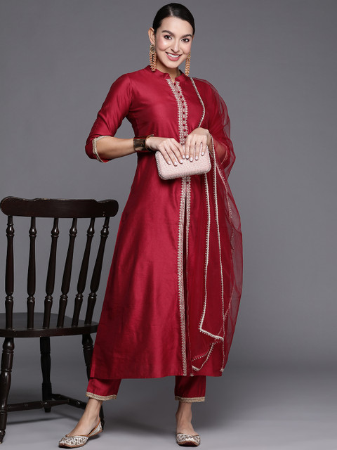 Indo Era Women Alina Cut Striped High Slit Thread Work Liva Kurta With Trousers & Dupatta - Image 8