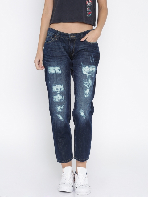 Women Blue Boyfriend Fit Mid Rise Highly Distressed Jeans