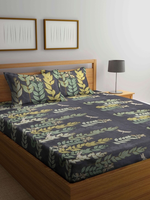 Arrabi Grey & Green Floral 300 TC Super King Bedsheet with 2 Pillow Covers