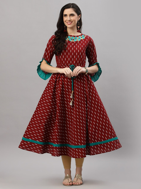 YASH GALLERY Women Maroon Ethnic Motifs Printed Bell Sleeves Dress - Image 6