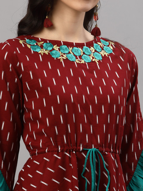 YASH GALLERY Women Maroon Ethnic Motifs Printed Bell Sleeves Dress - Image 2