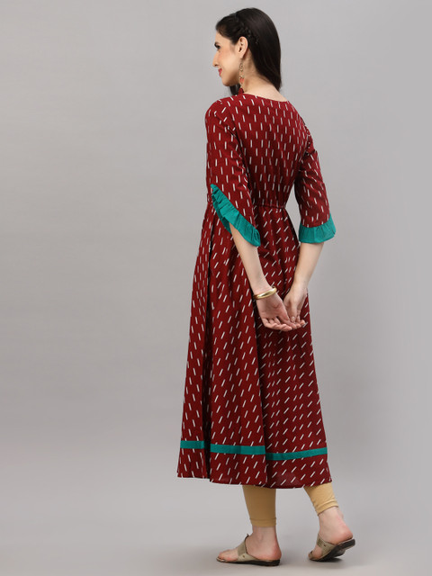 YASH GALLERY Women Maroon Ethnic Motifs Printed Bell Sleeves Dress - Image 5