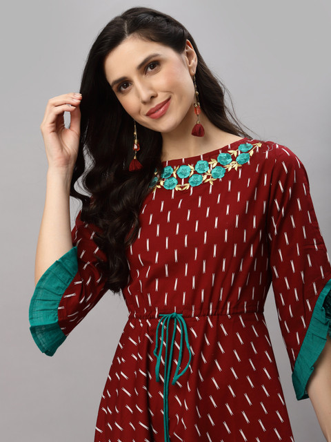 YASH GALLERY Women Maroon Ethnic Motifs Printed Bell Sleeves Dress - Image 7