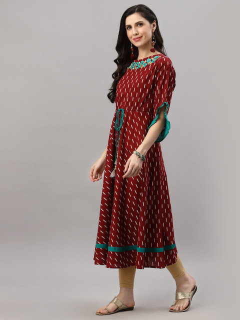 YASH GALLERY Women Maroon Ethnic Motifs Printed Bell Sleeves Dress - Image 3
